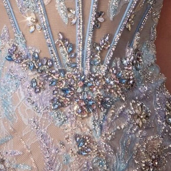 New Multi Beads Embellished Sheath Gown w/ Corset Bodice & Lace Embroidery CD713 - Picture 7 of 10